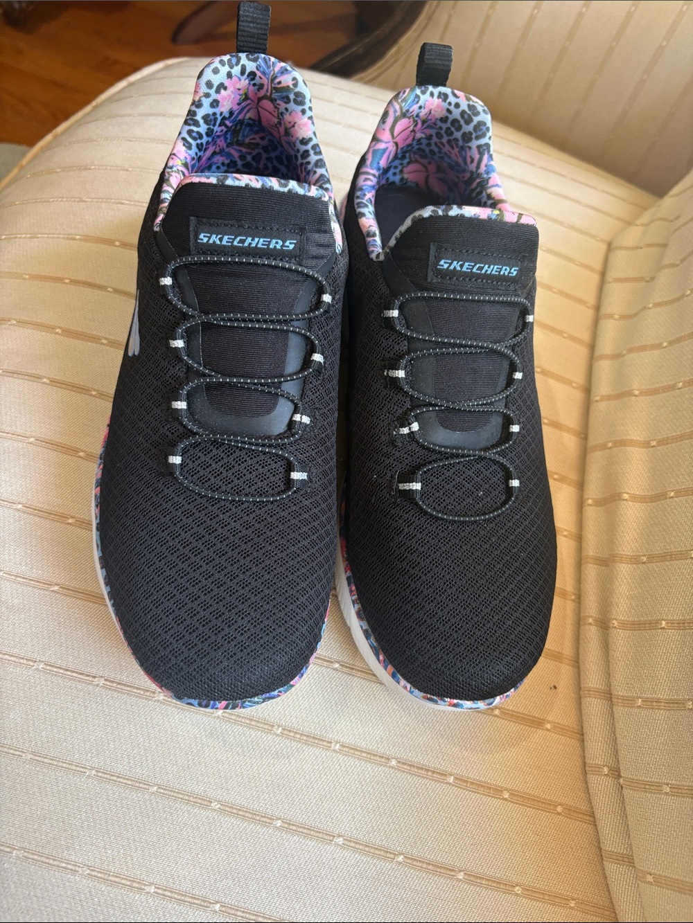 Skechers Black Slip-On Memory Foam Athletic Sneakers with Pink Floral Trim - Picture 2 of 6